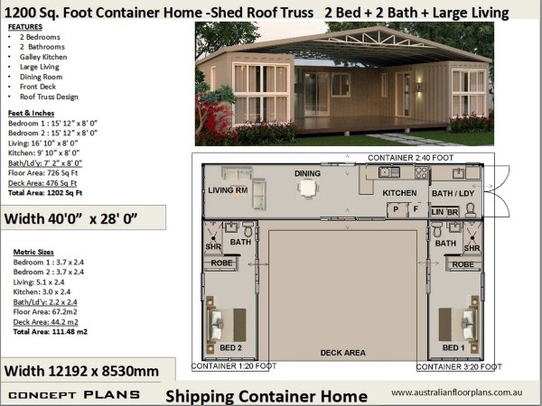 2 Bedroom Container Home: 1200 Combination